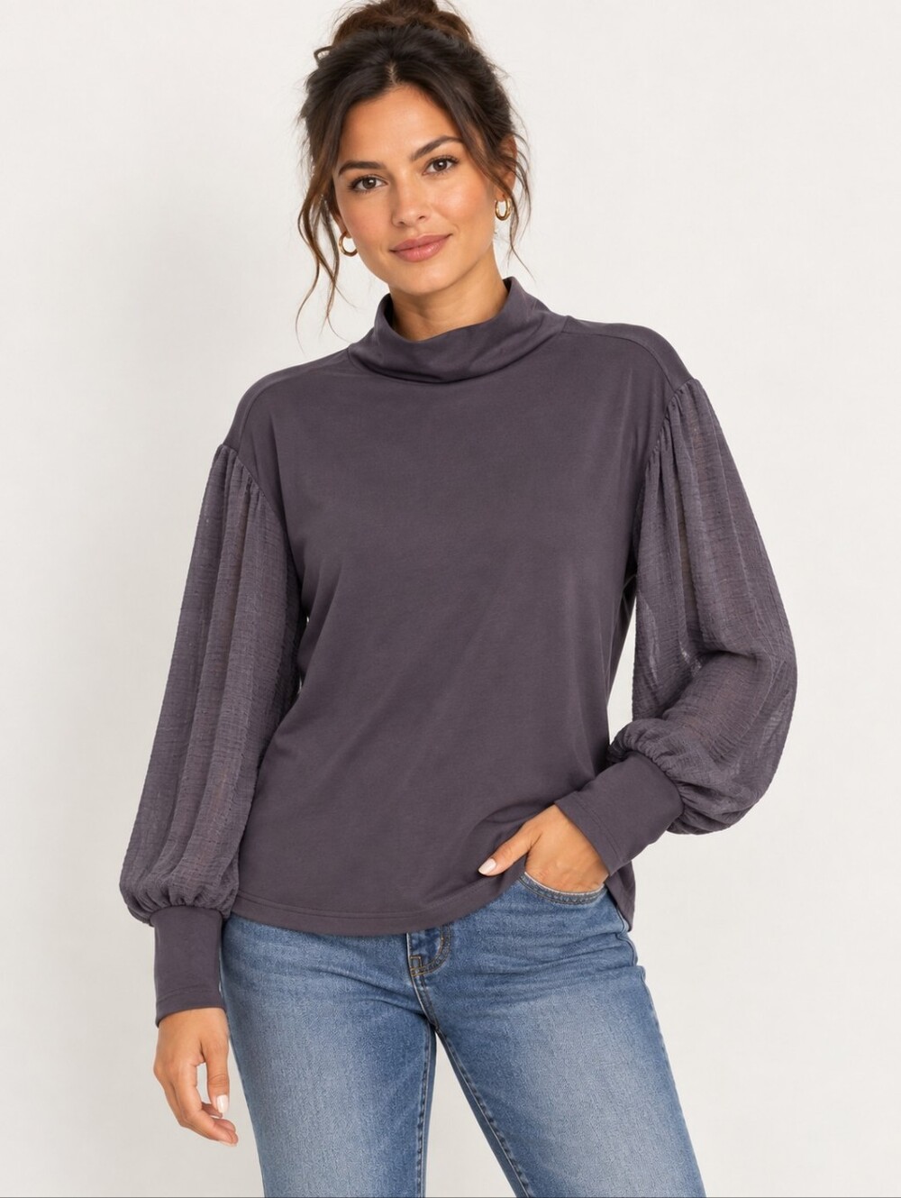 ❤️ NWT! LOFT MOCK NECK MIXED MEDIA BISHOP SLEEVE TOP, XL